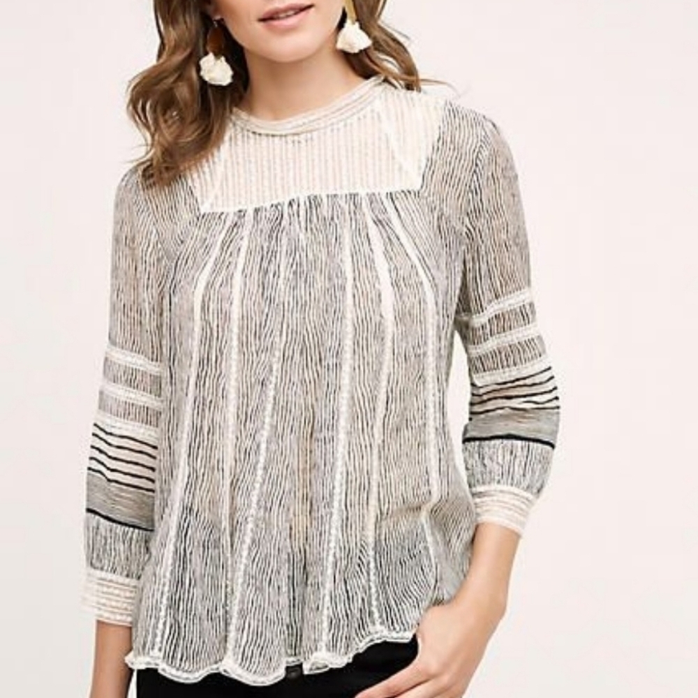 Anthropologie Floreat Reina Pleated Lace Striped Top Size XS 3/4 Sleeves